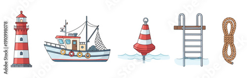Set of five nautical cartoon illustrations featuring a lighthouse, fishing boat, buoy, ladder, and rope in a simple, colorful hand-drawn style for maritime themes