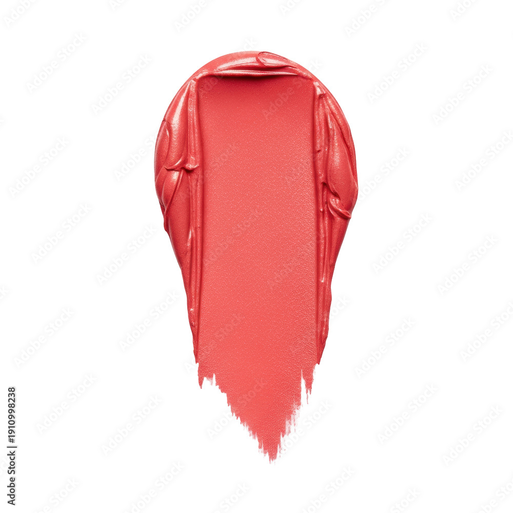 Fototapeta premium ultra photorealistic macro shot of a vibrant, creamy coral-red lipstick swatch showing detailed texture and brush strokes on a solid transparent background, concept for cosmetic advertising