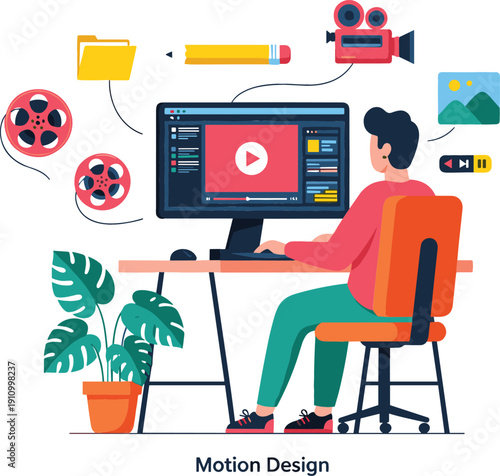 Vector illustration of a male motion designer at a desk with floating creative icons and video editing elements