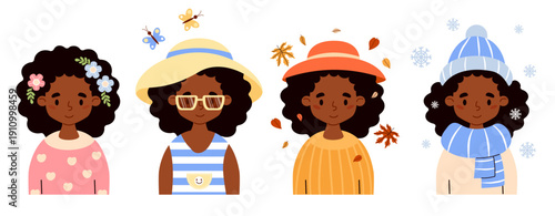 Seasonal Cute Girl Kid collection. Female Black Ethnic Portrait Spring Summer, Autumn and Winter Character.  Isolated Vector illustration on white