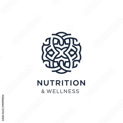 Nutrition and wellness circular mandala logo with intricate navy blue line work for health