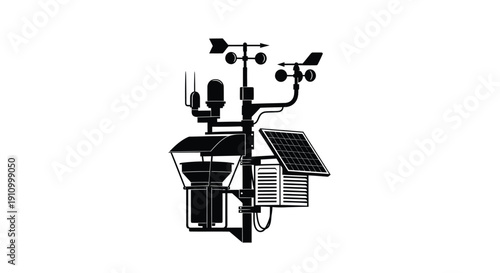 A black and white illustration of a modern weather station with solar panel