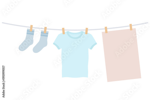 Tシャツ・タオル・靴下を物干しに干すイラスト｜洗濯と外干しのベクター素材