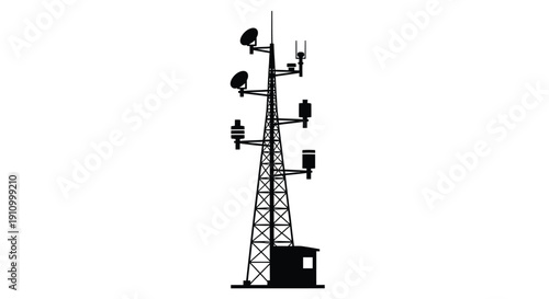 A black silhouette of a communication tower with multiple antennas