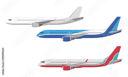 Three colorful airplanes flying in formation on transparent background  side view of red blue and white aircraft