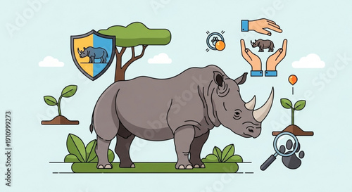 Rhino conservation concept with protected animal and growing plants