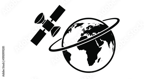 A black and white illustration depicting a satellite orbiting planet earth