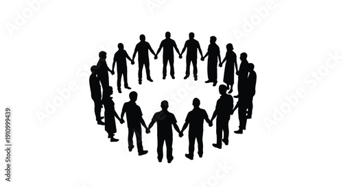 Silhouettes of people holding hands in a circular formation