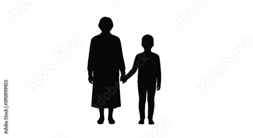 Silhouette of a grandmother and grandson holding hands together