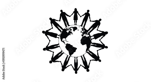 People holding hands in a circle around a globe symbolizing global unity