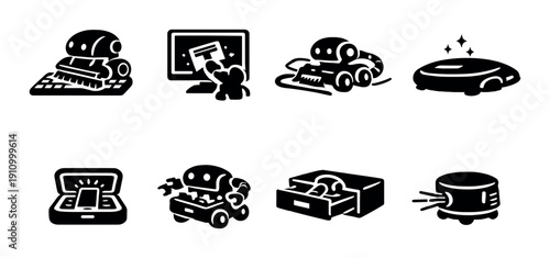 Futuristic household robots performing various tasks on a black background