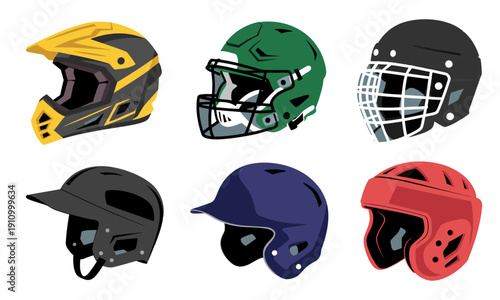Collection of various sports helmets for safety and protection  football  baseball  motorcycle  hockey  cricket