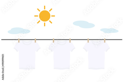 青空の下でTシャツを干す洗濯イラスト｜外干しを表すシンプルベクター