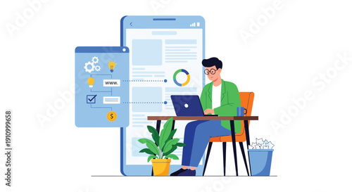 Illustration of a person working on a laptop at a desk, surrounded by digital icons like a lightbulb and dollar sign. A large mobile screen displays charts, conveying a modern, tech-savvy atmosphere.