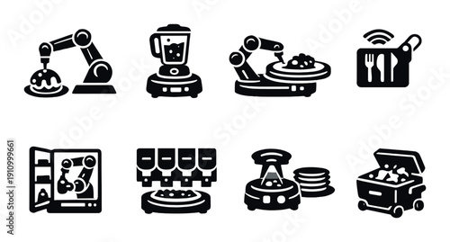 Futuristic kitchen appliances icons with robotic arms and automated systems