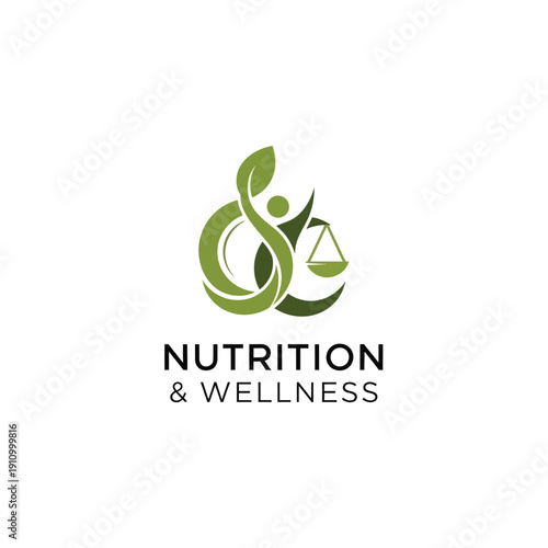Nutrition wellness logo with abstract human figure leaf and scales representing balance