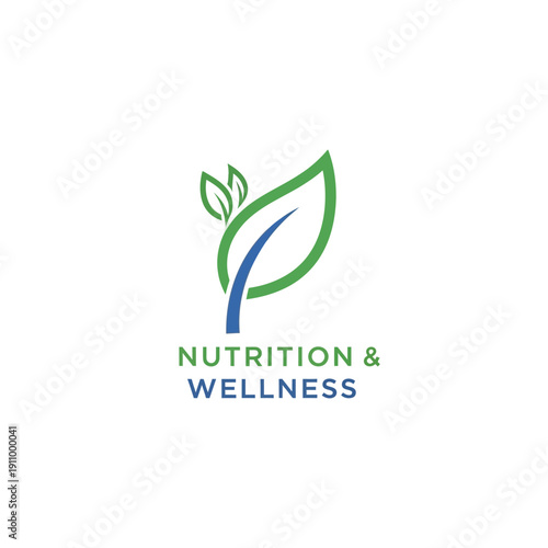 Nutrition wellness logo with large green leaf and blue vertical line
