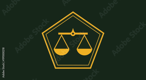 Justice And Equity Emblem: Golden Scales Inside A Pentagonal Frame In Green