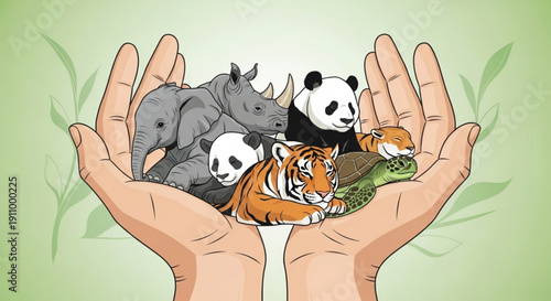 Hands cradling endangered animals conservation concept with rhinoceros panda tiger and more