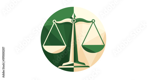 Justice Scale Emblem In Green And Cream, Isolated On A White Background