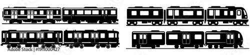 Train Silhouettes, Vector Illustration Set of Modern Subway Train Silhouettes, Urban Public Transportation Commuter Rail Icons, and City Metro Carriage Symbols Isolated on White Background