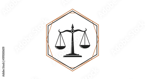 Justice Scale Emblem Depiction Within Geometric Frame, Vector Graphic For Branding