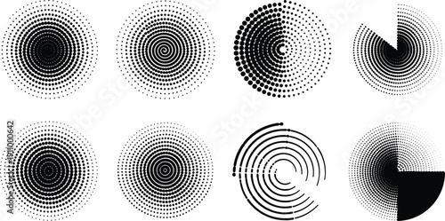 Vector set of eight circular halftone patterns with spiral dots and concentric rings for modern infographic data visualization