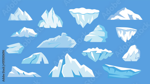 Iceberg collection set with various arctic ice blocks and floating frozen mountains isolated on blue sea background