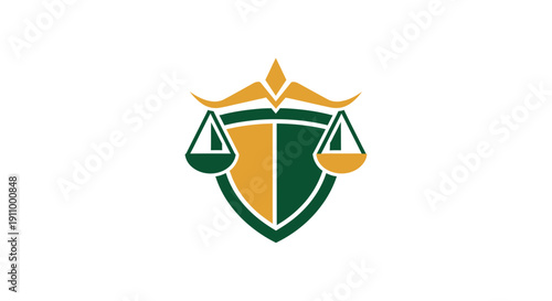 Justice Scales Emblem, Shield With Golden and Green Tones for Legal Representation