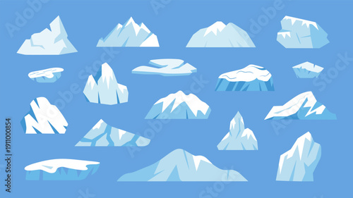 Set of vector icebergs, collection of cartoon snowy mountains, floating glacier blocks isolated on blue background