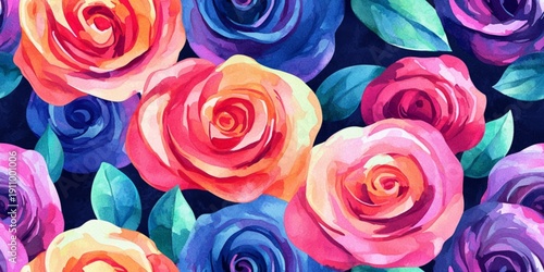 This design features a mix of roses in different colors such as red, pink, orange, and purple. Each rose is unique in shape and color, providing a lively pattern. 
