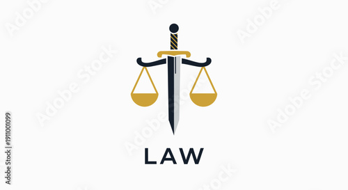 Justice Scales Represented By Sword And Balance Symbol On White Background Illustrating Legal
