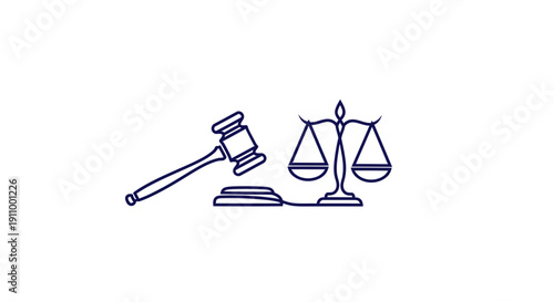 Justice System and Legal Proceedings Represented by Gavel and Balanced Scales