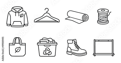 Sustainable fashion icons set: hoodie, hanger, fabric, thread, tote, recycling bin, boot, rack
