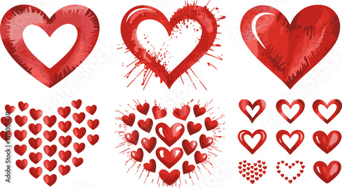 Set of red hearts shapes decorative elements in watercolor style isolated on transparent background for love