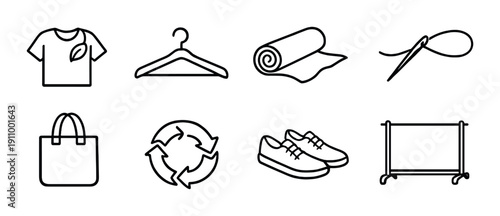 Sustainable fashion icons: clothing, recycling, sewing, eco-friendly symbols on gray background