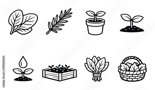 Minimalist icons of plants, seedlings, and harvest baskets on gray background