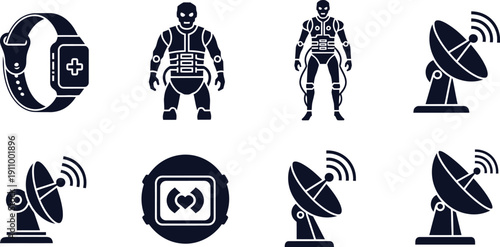 Dark blue silhouette icons of smart watch robots and satellite dishes fitness tracker android