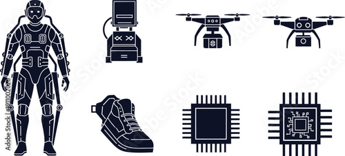 Futuristic Robot Suit and Technology Icons with Drones and Chips Keywords: futuristic robot, exoskeleton, robot suit, technology