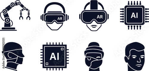 Futuristic Technology Icons Featuring AI and Robotics Concepts Keywords: AI, artificial intelligence, robotics, robot arm, VR