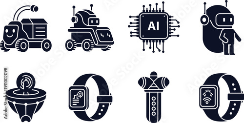 Futuristic Technology Icons Featuring Robots AI Chip and Smartwatches Keywords: robot, AI, artificial intelligence, chip, CPU