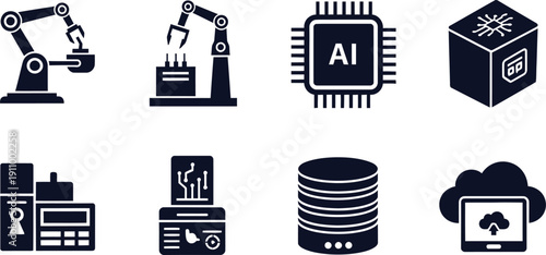 Set of Technology and Industry Icons Featuring Robots AI and Cloud Computing Keywords: robot, robotic arm, automation, industry