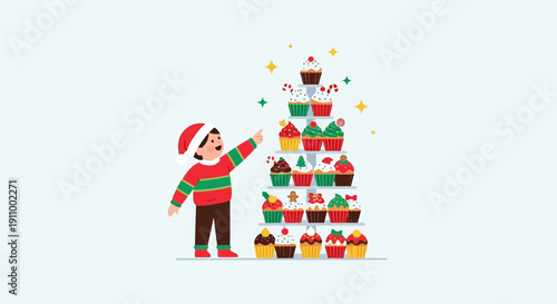 Festive Child Admires Towering Cupcake Christmas Tree Display