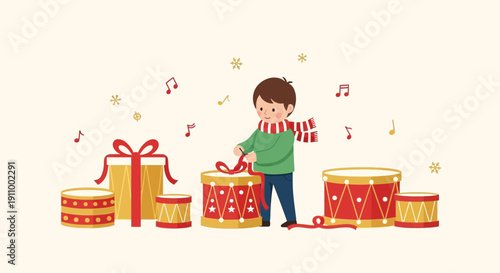 Festive Child Decorates Drums Amidst Musical Notes And Presents