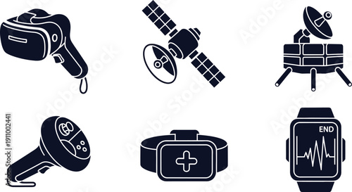 Technology Icons with VR Headset Satellite and Medical Wearable Devices Keywords: technology, icons, VR headset, virtual reality