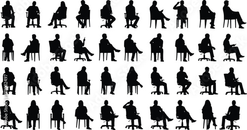 Collection of diverse men and women silhouettes sitting in chairs and office stools for corporate work, waiting rooms, and education