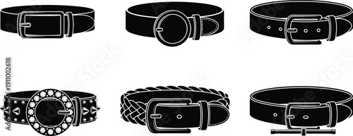 Collection of fashion leather belt silhouettes with various buckles, featuring studded, braided, and classic waist belts for clothing and accessory design.