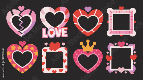 Creative love themed frames with modern typography and colorful heart shapes for romantic social media posts designs