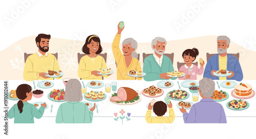 Festive Family Feast Gathering Together Celebrating Abundant Easter Meal Sharing Joyful Moments