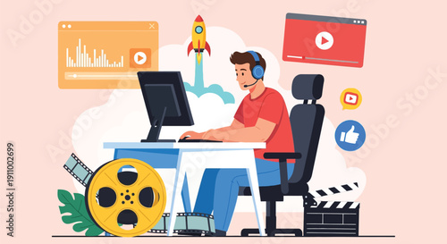 Person wearing headphones sits at a desk with a computer, surrounded by video icons, film reel, rocket, and clapperboard, conveying creativity and multimedia.